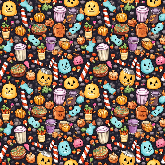 Colorful Halloween-themed pattern featuring cartoon candy, pumpkins, ghosts, and desserts on a dark background.