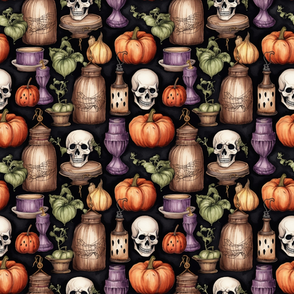 Pattern of skulls, pumpkins, hourglasses, lanterns, and potion bottles on a dark background.