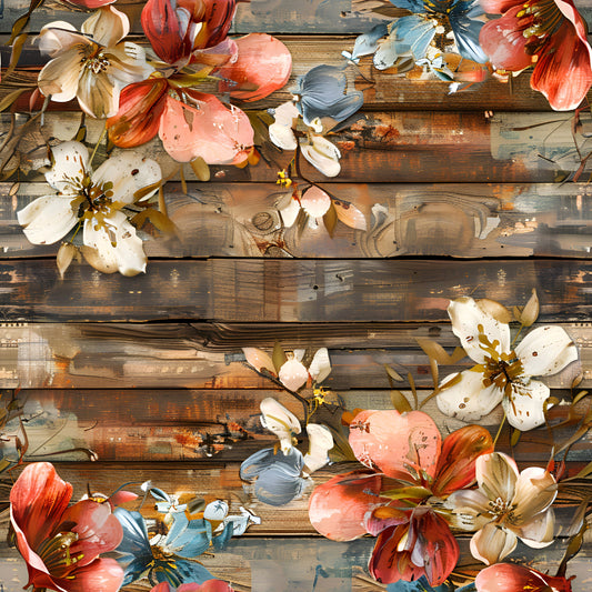 Spring Flowers Rustic Wood Background Pattern 4 Quilting Cotton Fabric