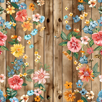 Spring Flowers Rustic Wood Background Pattern 5 Quilting Cotton Fabric