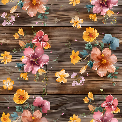 Spring Flowers Rustic Wood Background Pattern 7 Quilting Cotton Fabric