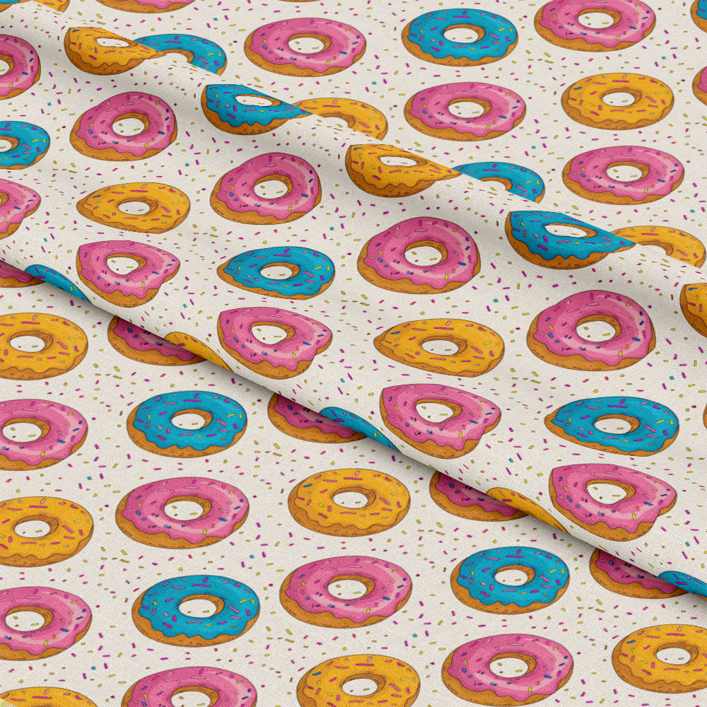 Sprinkle Donuts Pattern 2 Quilting Cotton Fabric, colorful donuts, pink, blue, yellow, sprinkles, cream background, quilting material, cotton textile, sewing fabric, vibrant print, playful design, soft texture, craft fabric, premium quality