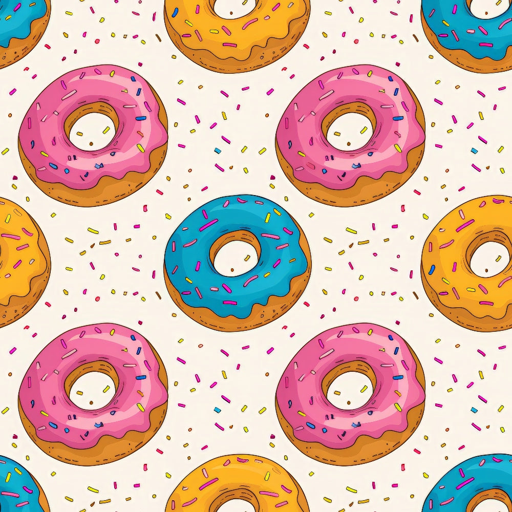 Sprinkle Donuts Pattern 2 Quilting Cotton Fabric, quilting cotton, fabric, donut design, pink frosting, yellow frosting, blue frosting, sprinkle decoration, beige background, colorful, playful, food motif, textile, sewing material, crafting fabric, premium cotton, vibrant colors, soft texture