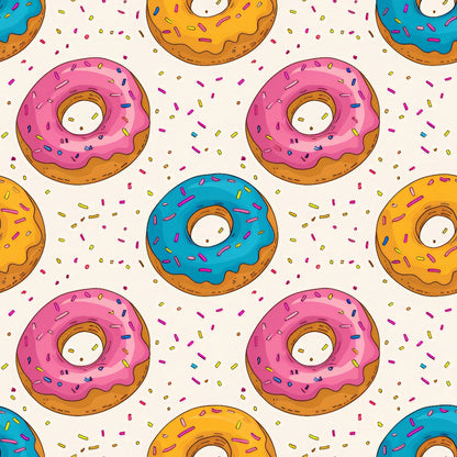 Sprinkle Donuts Pattern 2 Quilting Cotton Fabric, quilting cotton, fabric, donut design, pink frosting, yellow frosting, blue frosting, sprinkle decoration, beige background, colorful, playful, food motif, textile, sewing material, crafting fabric, premium cotton, vibrant colors, soft texture