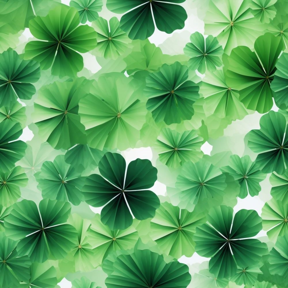 A pattern of overlapping green shamrocks and clover leaves in various shades, creating a textured background.