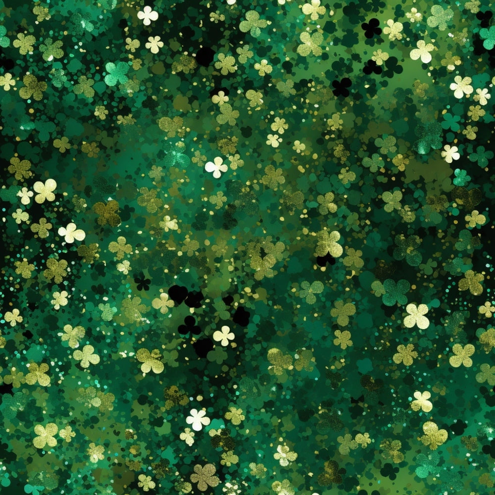 A dense pattern of green shamrocks and clovers in various shades fills the image, creating a festive, textured background.