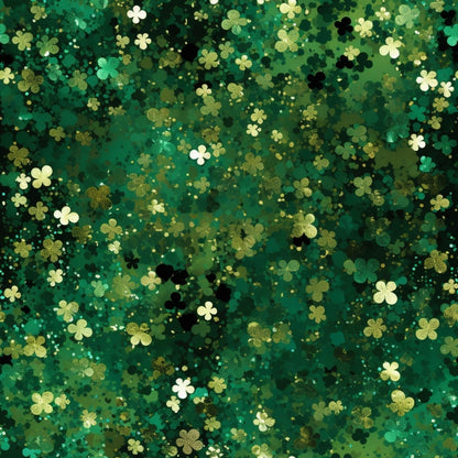 A dense pattern of green shamrocks and clovers in various shades fills the image, creating a festive, textured background.