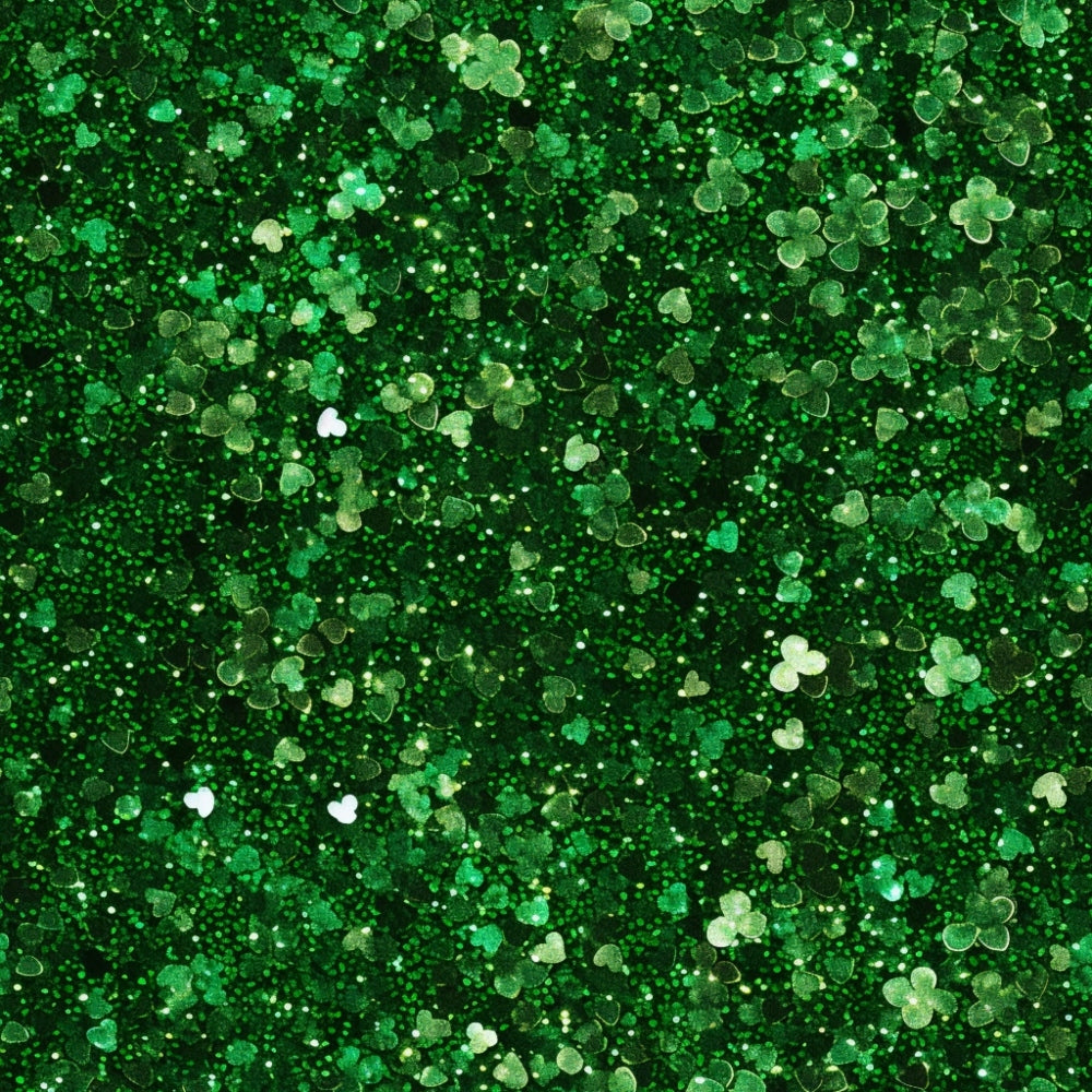 A sparkling green glitter texture with various shapes, including small clovers, heart, and circle sequins.