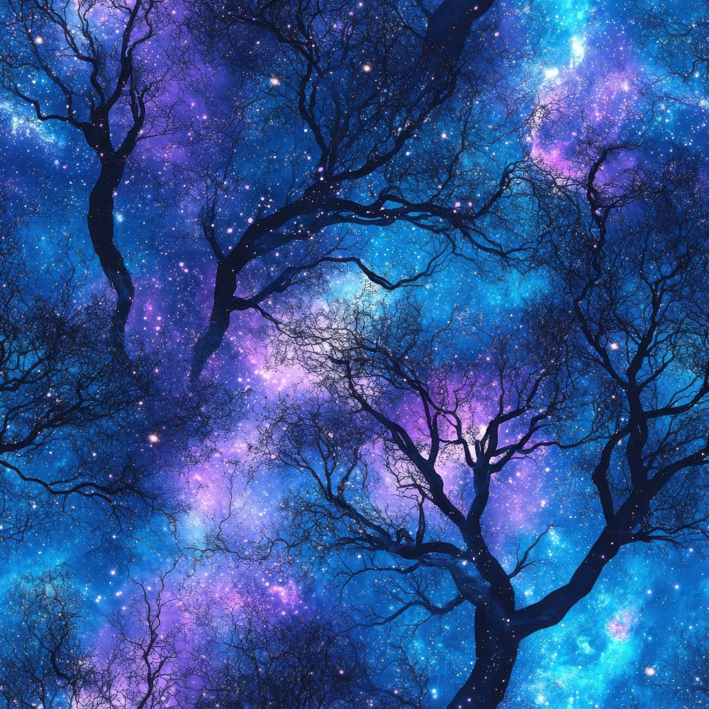 Silhouetted tree branches against a vibrant night sky filled with purple and blue nebulae and stars.