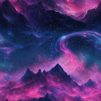 A surreal landscape features jagged mountains and a swirling sky with vibrant pink and purple hues, resembling a cosmic scene filled with stars.