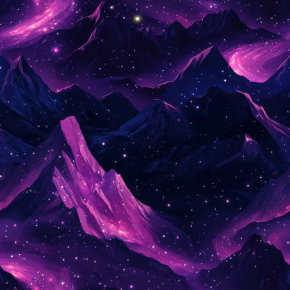 A surreal landscape of dark mountains under a starry sky, with swirling pink and purple clouds.