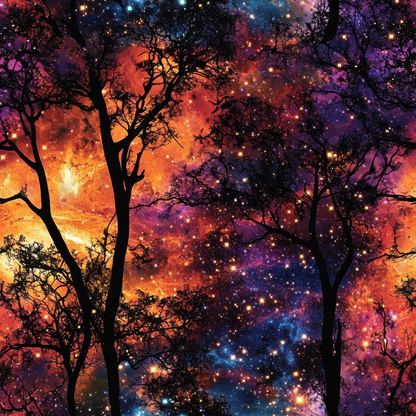 Silhouetted tree branches against a vibrant, colorful galaxy with stars and nebulae in the background.