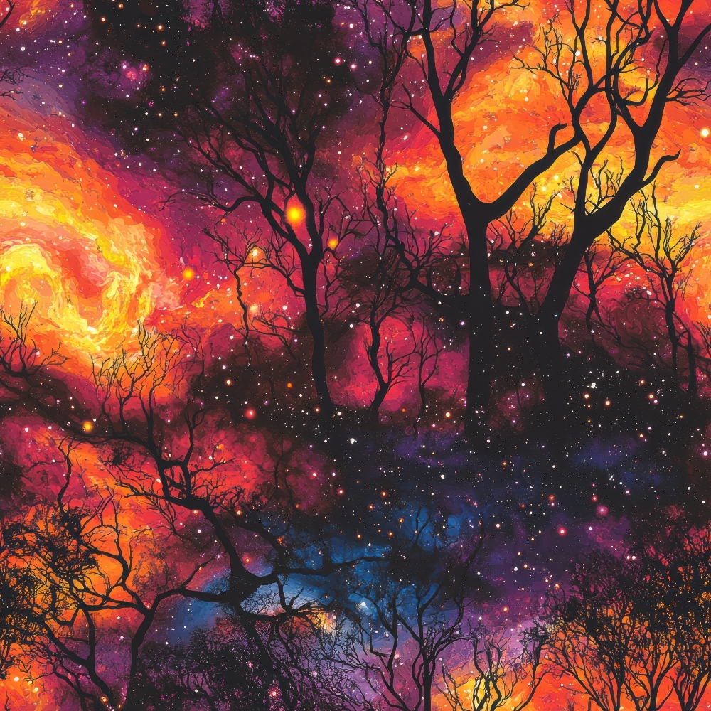 Silhouetted trees against a vivid cosmic backdrop of swirling orange, red, and blue nebulae and stars.