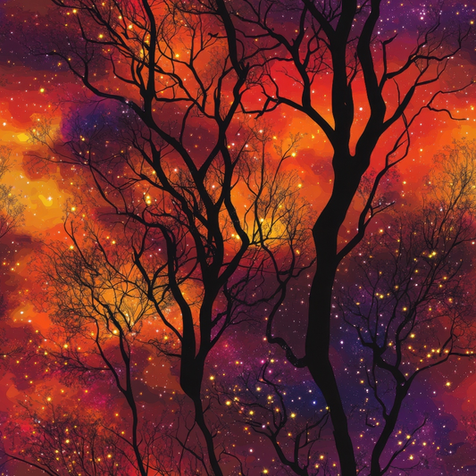 Silhouetted bare trees against a vibrant, star-filled night sky with swirling red, orange, and purple colors.