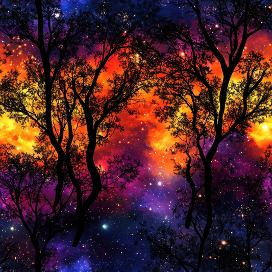 Silhouetted trees against a vibrant multicolored sky resembling a galaxy, with stars scattered throughout.