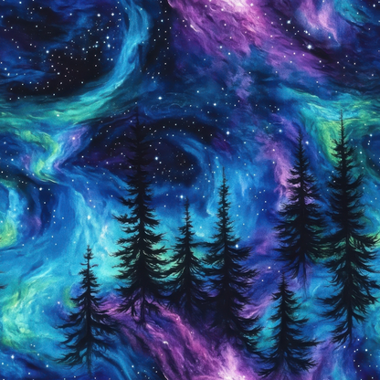 Vibrant night sky with swirling blues, purples, and greens resembling a nebula, punctuated by stars. Silhouettes of tall pine trees stand in the foreground.