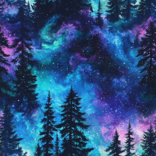 Silhouetted trees against a colorful night sky filled with stars and nebula-like patterns in blue, purple, and green hues.