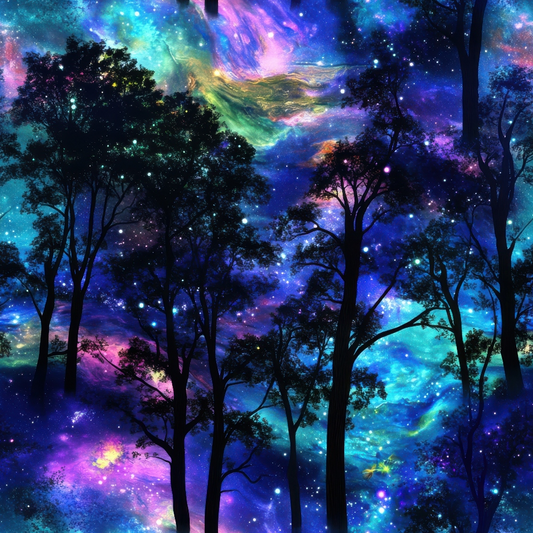 Silhouetted trees against a vibrant, star-filled, colorful cosmic sky with shades of blue, purple, and green.