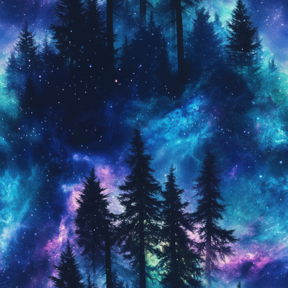 Silhouetted trees against a vivid, colorful cosmic background, resembling a galaxy with stars and nebulae.