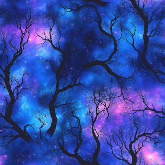 Silhouetted tree branches against a vibrant blue and purple galaxy sky with stars.