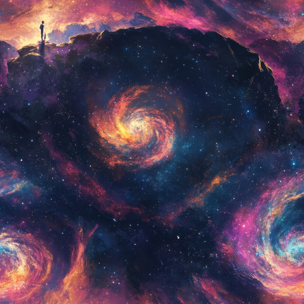 A person stands on a rocky edge overlooking swirling galaxies in a colorful, cosmic scene.