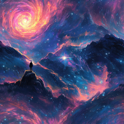 A person stands on a rocky peak, gazing at a swirling, colorful cosmic scene with stars and nebulae in the sky.