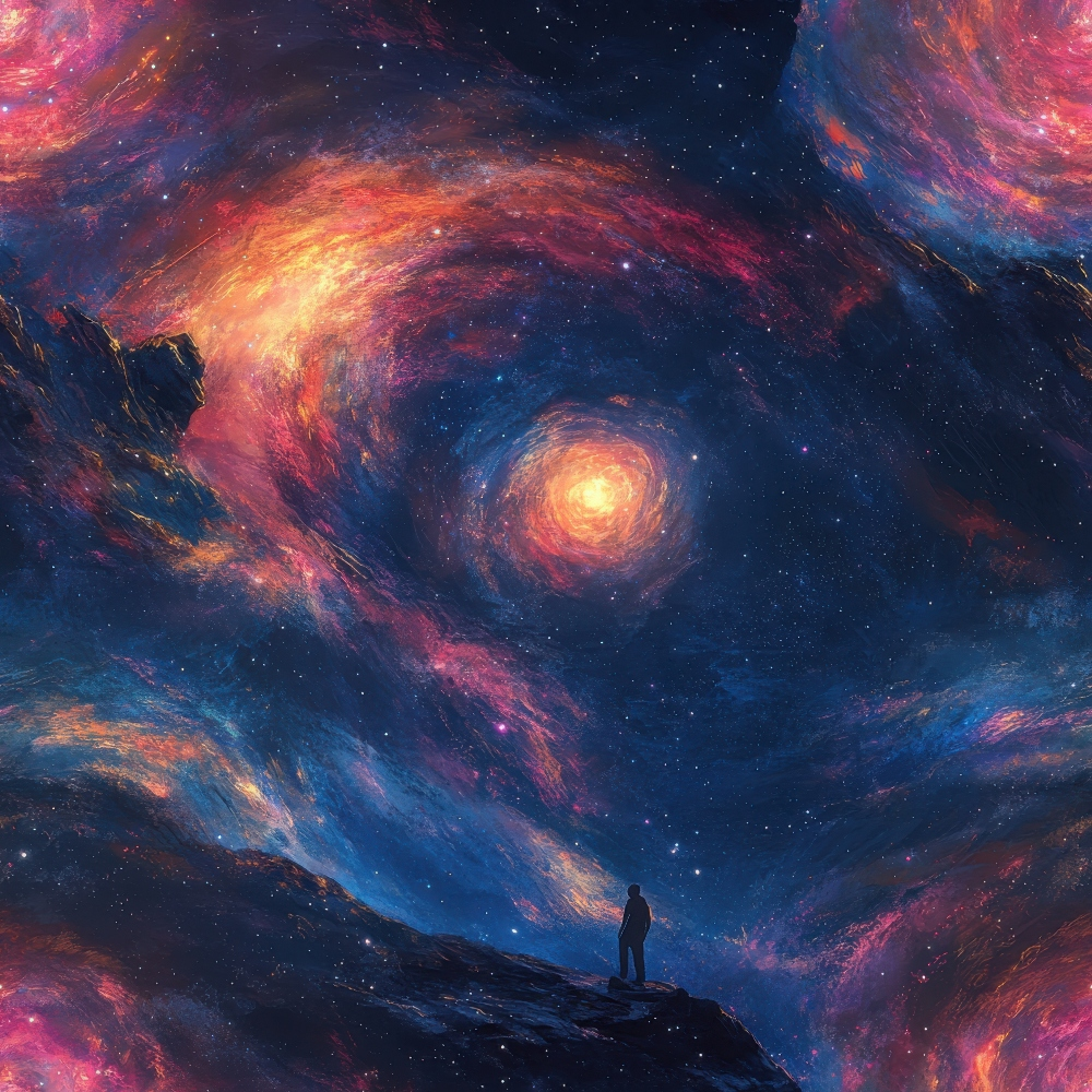 Silhouette of a person standing on rocky terrain beneath a swirling, colorful galaxy in the night sky.