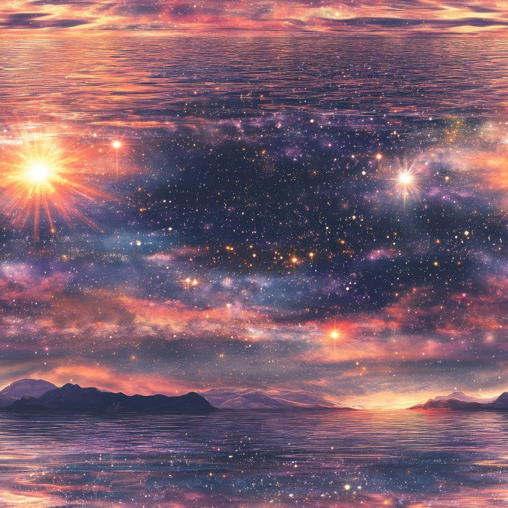 Starry sky with colorful nebula, bright stars, and a glowing sun reflecting over a calm ocean at sunset. Distant mountains are silhouetted against the vibrant horizon.