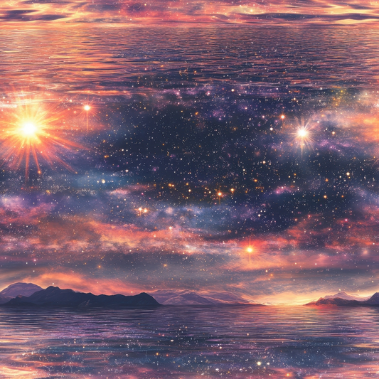 Starry sky with colorful nebula, bright stars, and a glowing sun reflecting over a calm ocean at sunset. Distant mountains are silhouetted against the vibrant horizon.