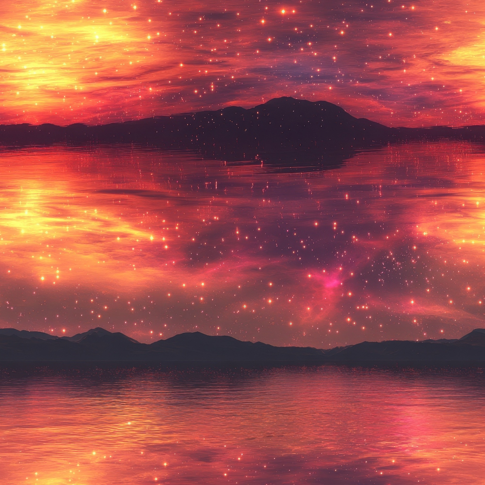 A serene twilight landscape with a silhouette of mountains reflected in calm water, under a starry sky with vibrant pink and orange hues.