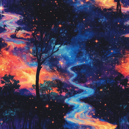 A vivid cosmic landscape with swirling colors of blue, orange, and pink. Silhouetted trees stand against a starry background, blending natural and celestial imagery.