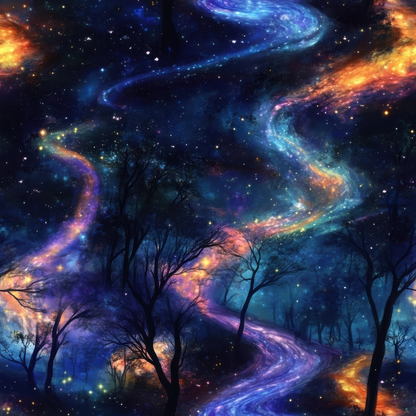 A vibrant night sky with swirling galaxies in blue, purple, and orange hues. Silhouetted trees are visible beneath the celestial scene.