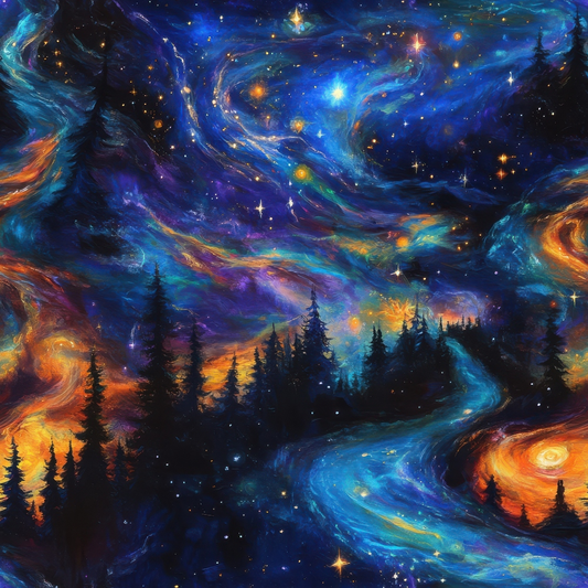 A vibrant, swirling galaxy merges with a forest scene. Bright stars illuminate a colorful night sky, blending with treetops and a flowing stream of blues and oranges.