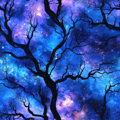 Intertwined tree branches in silhouette against a vibrant background of blue and purple nebula-like patterns, resembling a cosmic night sky.