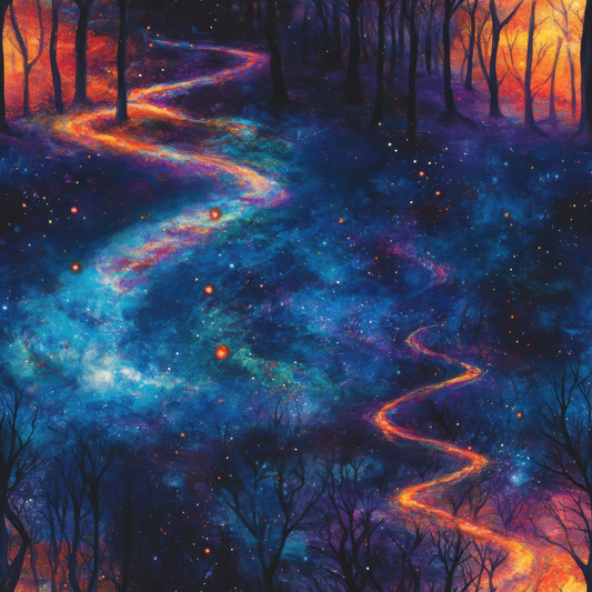 A vivid, starry landscape with a glowing, winding path through a dark woodland, illuminated by a colorful cosmic sky.