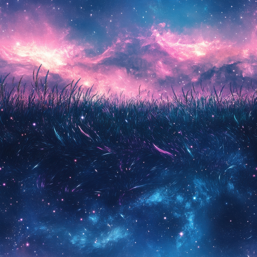 A surreal landscape with glowing pink and purple clouds above a field of dark, luminous grass under a starry sky.