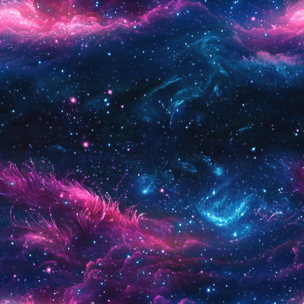 A vibrant cosmic scene with swirling pink, purple, and blue nebulae, dotted with numerous stars against a dark background.