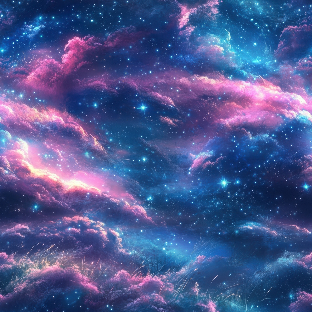 A vivid cosmic scene with swirling pink, purple, and blue clouds, shimmering stars, and a celestial glow.