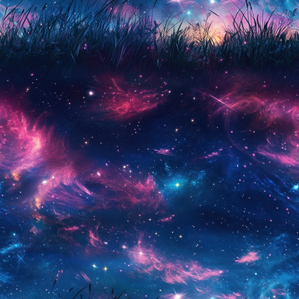 A vibrant sky with pink and blue nebulae, stars, and dark silhouettes of tall grass at the bottom.