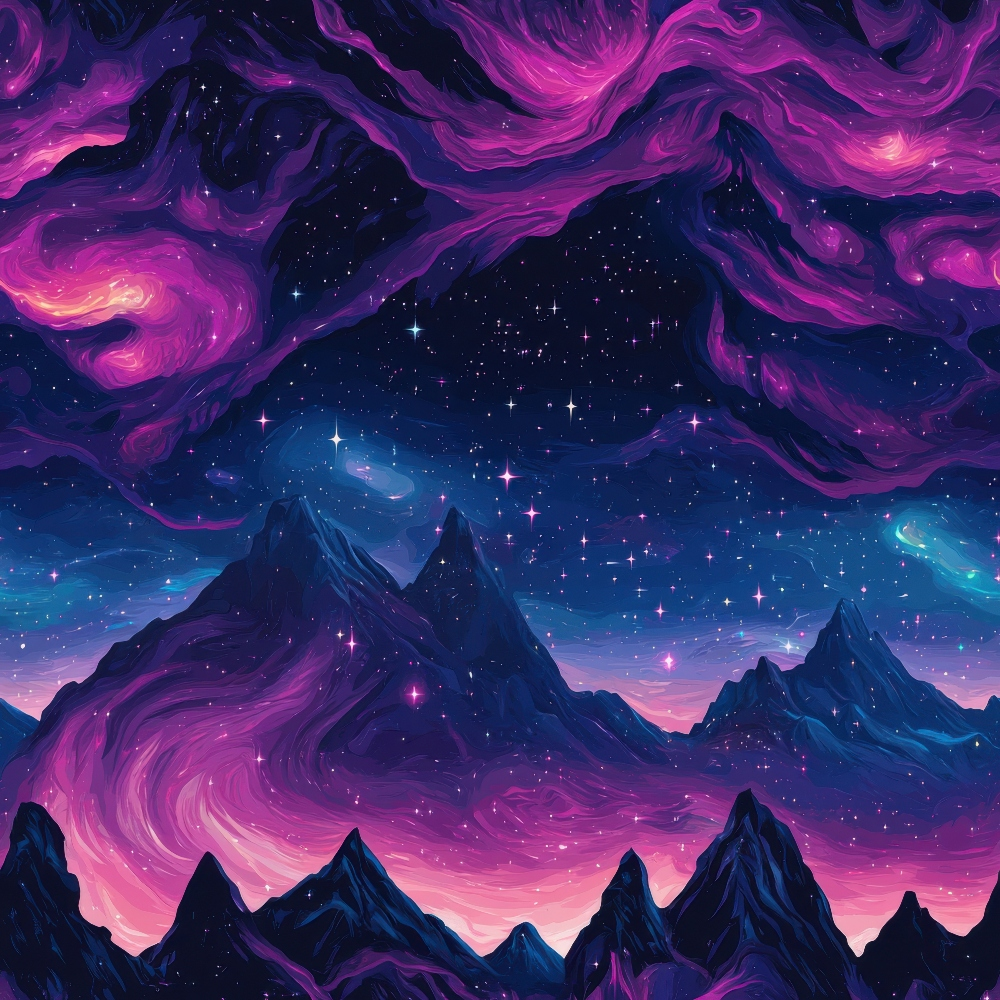 Digital artwork of a starry night sky with swirling purple clouds over silhouetted mountains, creating a cosmic and mystical atmosphere.