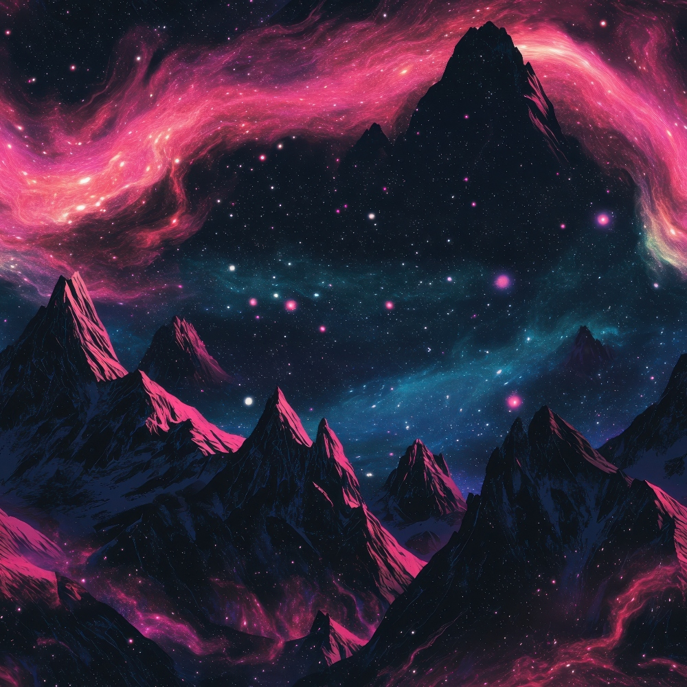 Surreal landscape of jagged mountains under a vibrant night sky filled with colorful nebulae and stars.