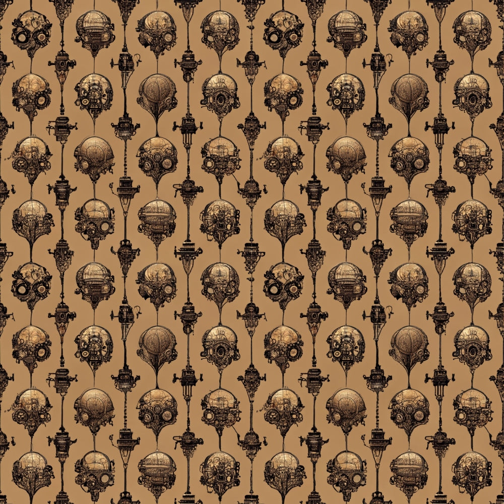 Repeating pattern of steampunk hot air balloons and gears on a brown background.
