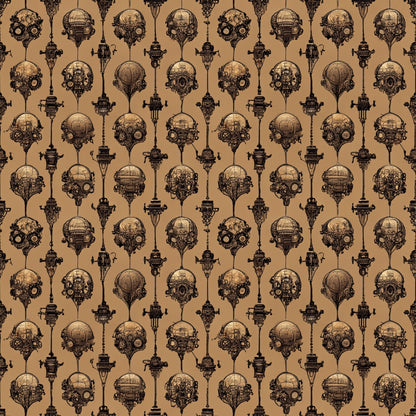 Repeating pattern of steampunk hot air balloons and gears on a brown background.