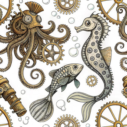 Steampunk Sea Creatures Pattern 3 Quilting Cotton Fabric