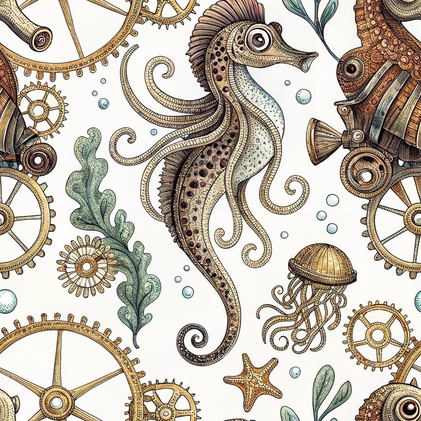 Steampunk Sea Creatures Pattern 8 Quilting Cotton Fabric