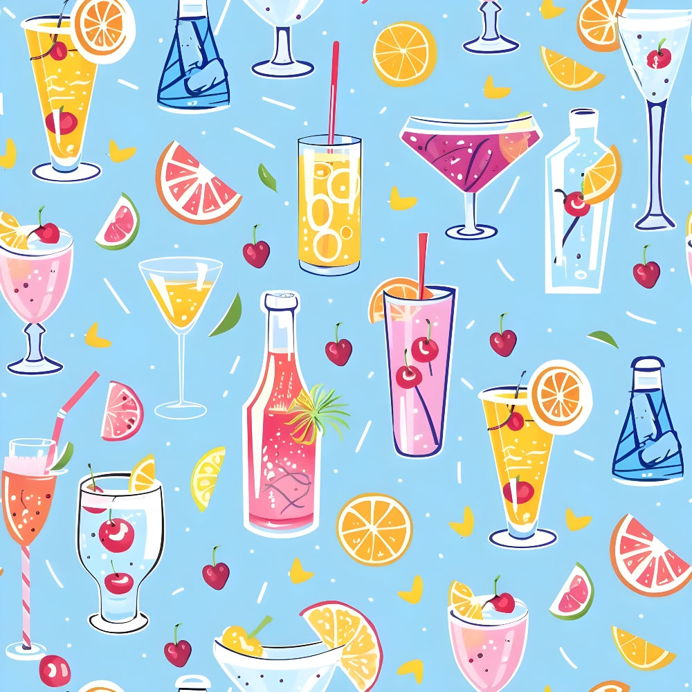 Colorful pattern of various cocktails, glasses, fruits like oranges, lemons, and cherries on a light blue background.