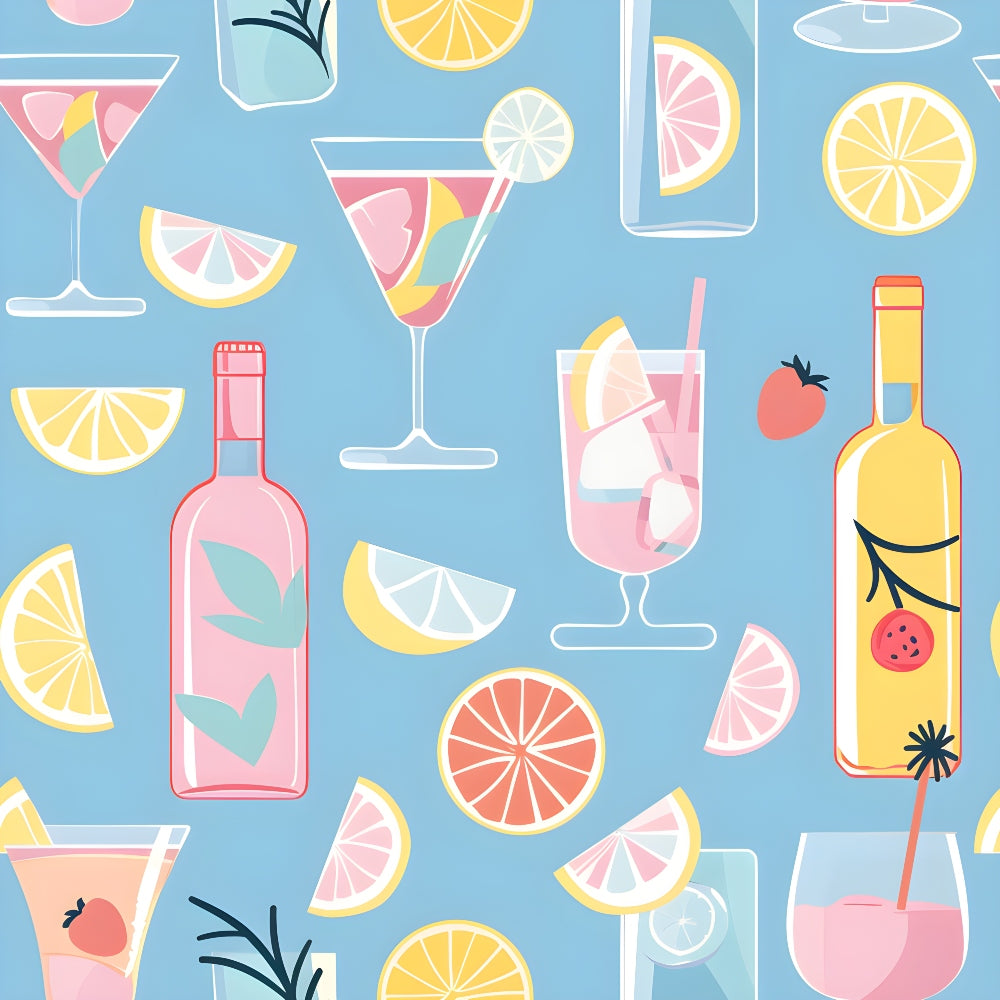 Colorful illustration of various cocktails, bottles, and sliced fruits like lemon and grapefruit on a light blue background.