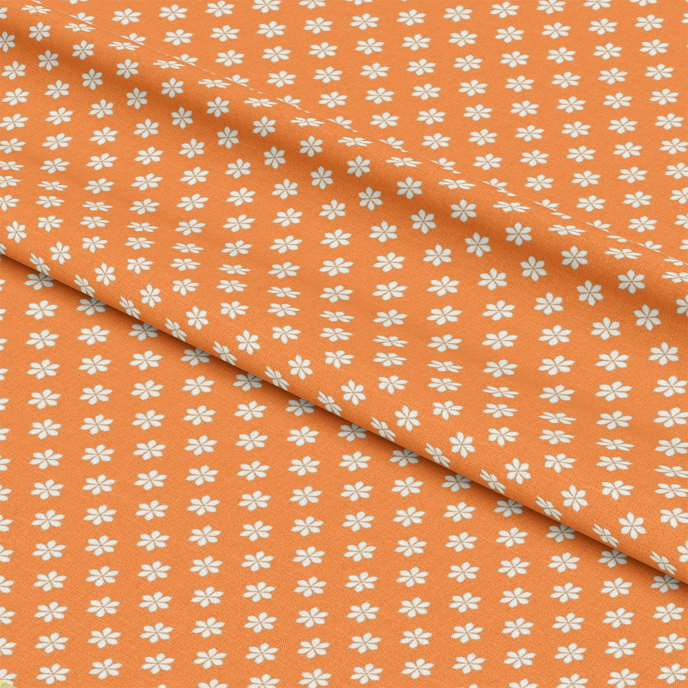 - Summer Rainbow Pattern 7 Quilting Cotton Fabric  
- orange background  
- small white floral design  
- cotton textile  
- quilting fabric  
- soft texture  
- lightweight material  
- home sewing supplies  
- bright color  
- casual style