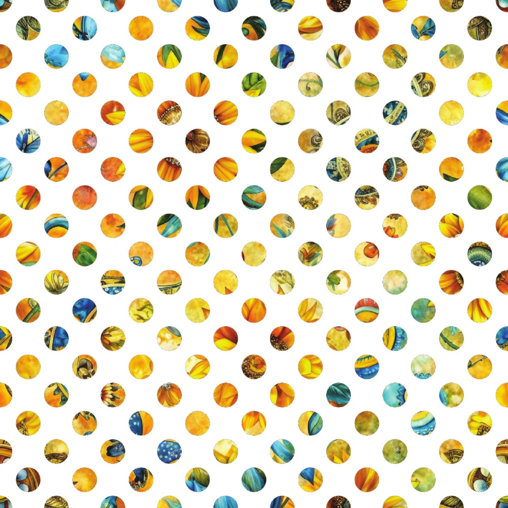 yellow, orange, blue, green, polka dots, circles, geometric pattern, sunflower colors, quilting cotton, fabric panel, bright colors, colorful dots, summer palette, cheerful design, warm tones, cool accents, repeating pattern, craft fabric, sewing material, vibrant hues