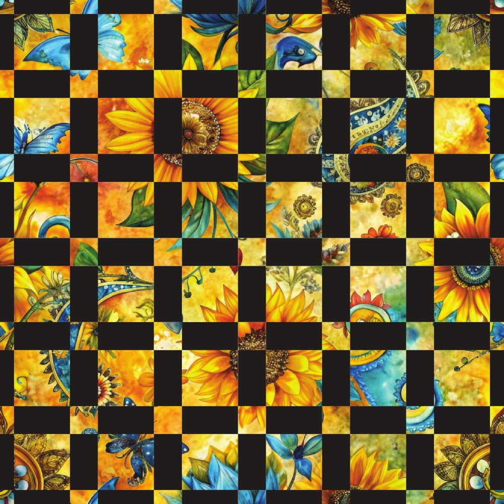 sunflower fields, quilting cotton, fabric panel, checkerboard pattern, golden yellow, bright orange, deep blue, emerald green, floral motifs, sunflower petals, botanical elements, nature inspired, vibrant colors, patchwork design, quilting squares, summer blooms, garden theme, warm tones, artistic florals, cotton fabric